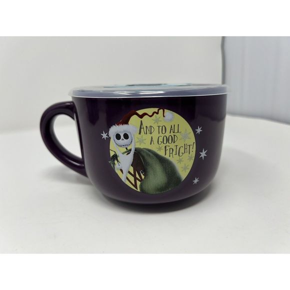 New Disney Nightmare Before Christmas Soup Mug 24 Oz Ceramic w/Lid Purple - Picture 1 of 4